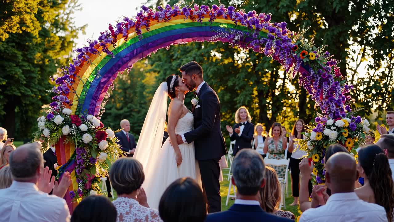 Una romántica escena de video de boda capturada a la altura de los ojos, mostrando a una pareja bajo un arcoíris vibrante