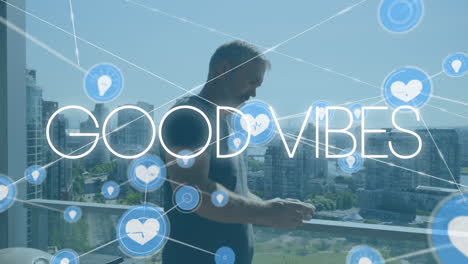 animation of good vibes and network of connections over caucasian woman using smartphone