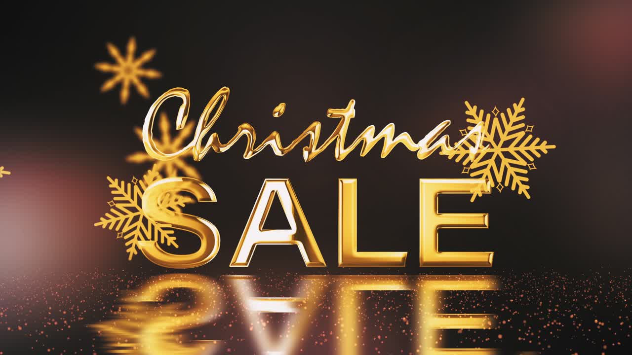 크리스마스 판매 금색 흐름 눈알, 반이는 플레어 빛, 누출 조명, 반이 금 요소, 크리스마스 구매 금 텍스트 캘리그라피, 4k 3d 겨울 판매 루프 배경