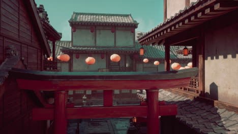 a traditional japanese street with red lanterns