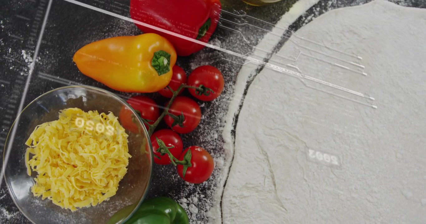 Camera panning over floured surface revealing dough drifting along peppers, cheese under AR overlay