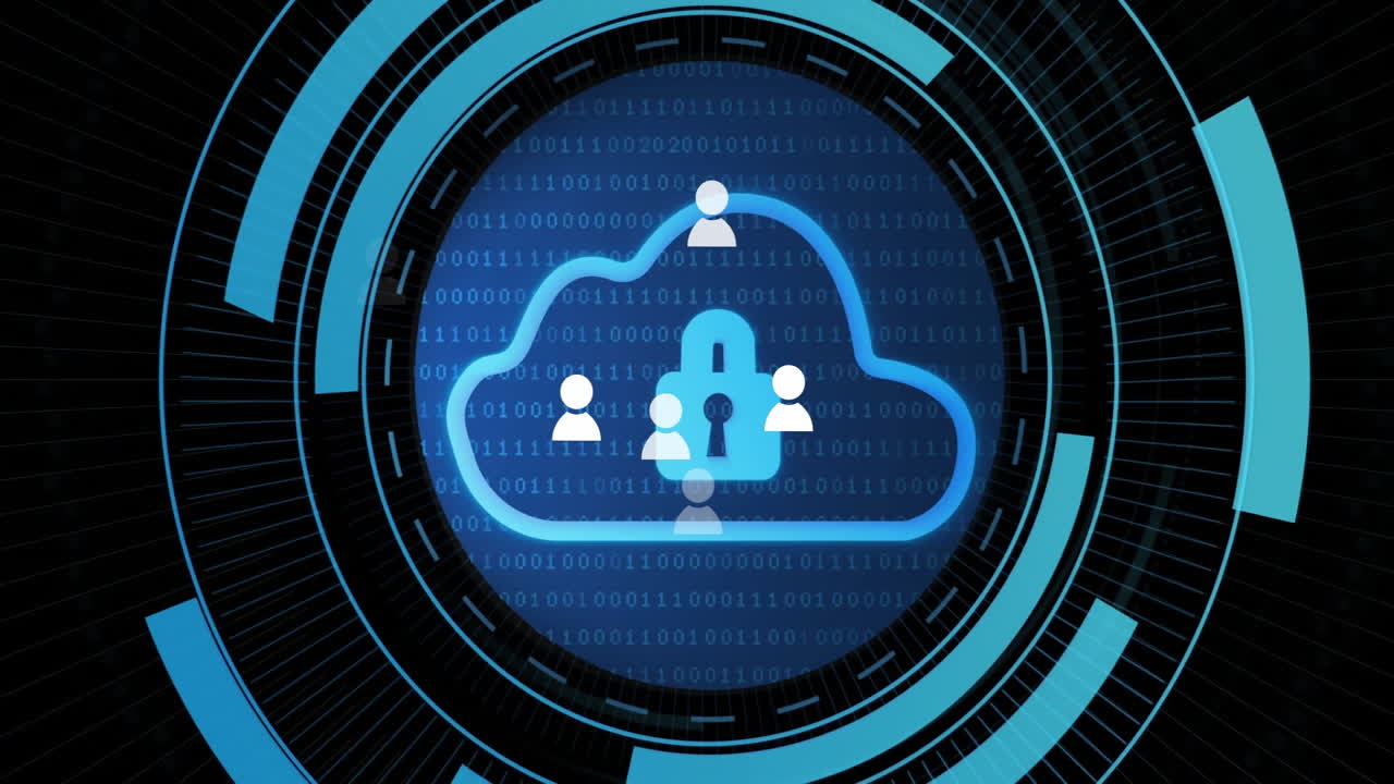 Lock and user icons over binary code, representing cloud security concept