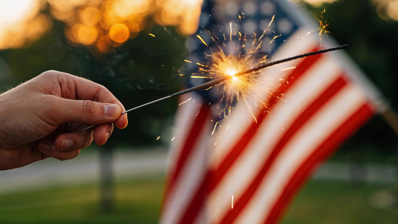 Igniting sparkler, hand holding burning stick in yard with American flag, celebrating, copy space