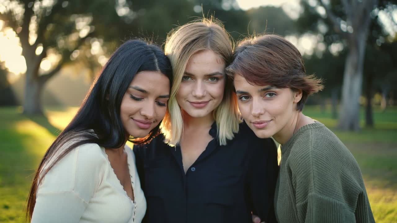 Reagindo à luz de contorno quente que surge, três mulheres posando para um retrato no parque, usando suéteres verde-oliva.