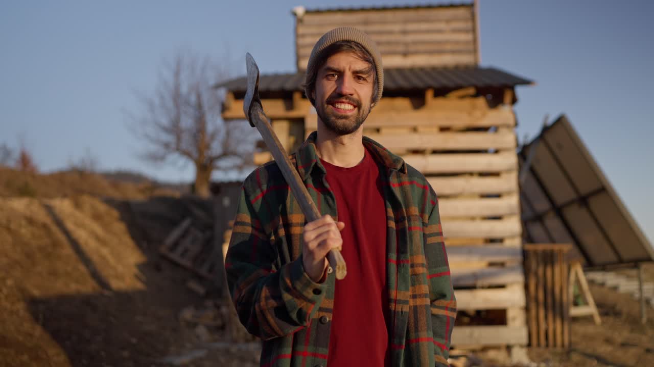 Lumberjack with Axe by Cabin