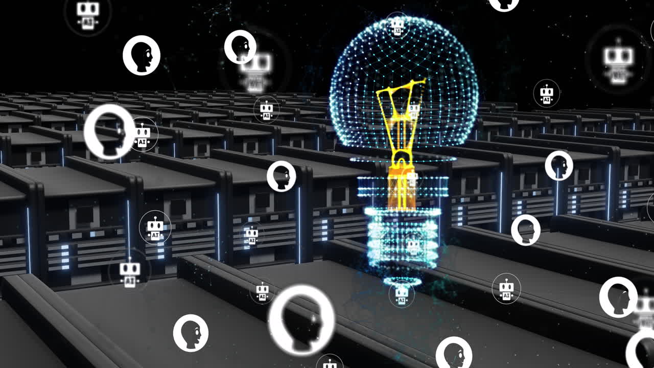 Animation of ai chatbot icons, lightbulb over computer servers