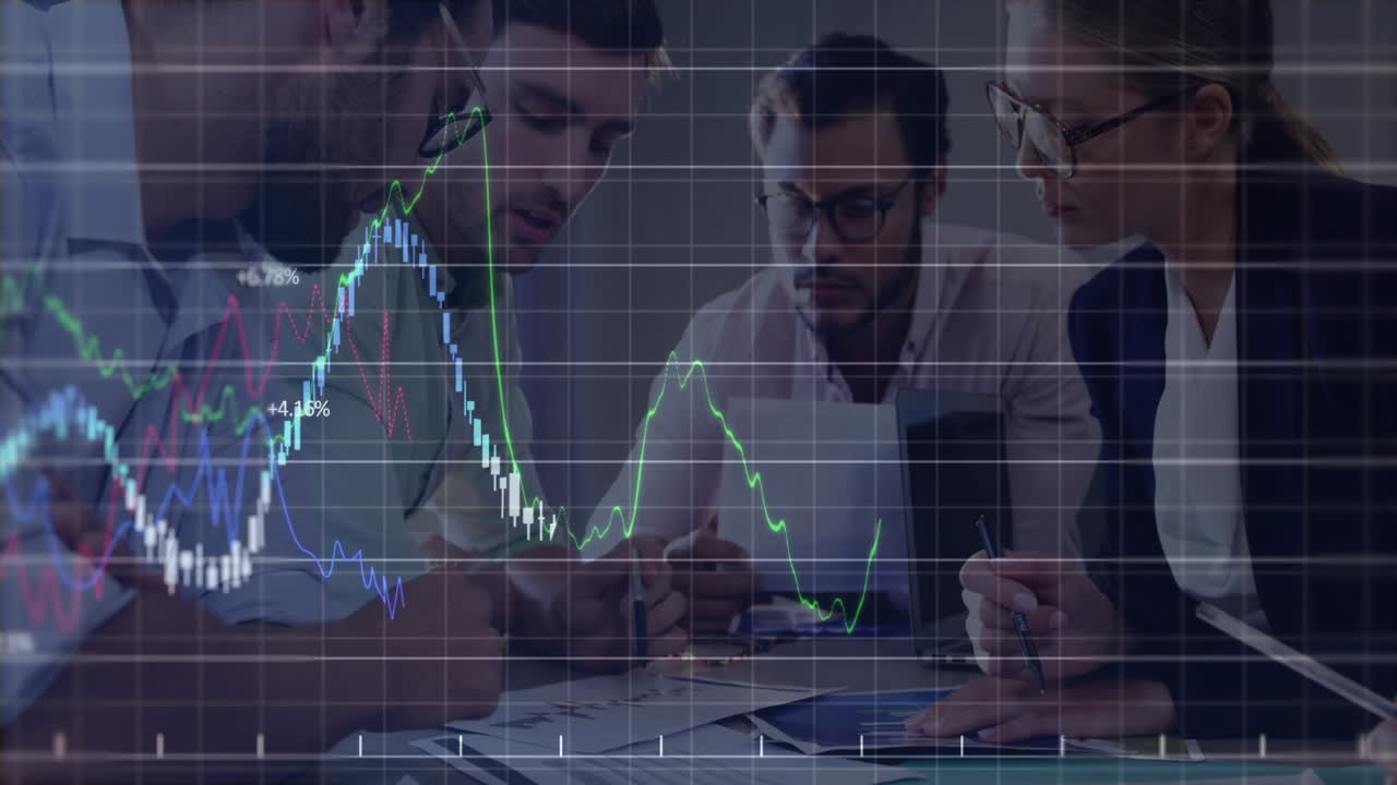 Animation of data processing and diagrams over diverse business people discussing work
