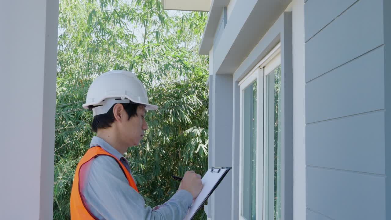 Asian inspectors are reviewing the structure of the new building and taking notes on the clipboard to inspect and correct the house before selling to clients.