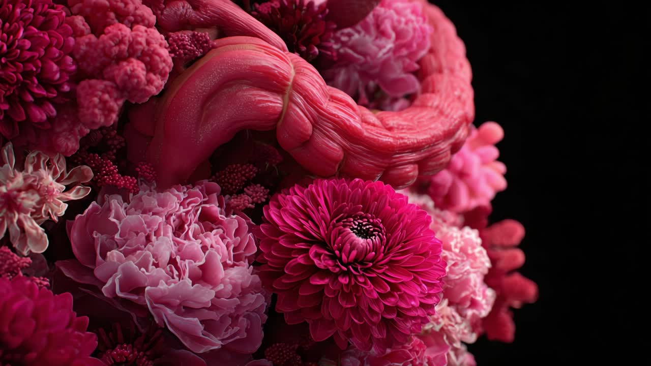 A Vibrant Display of Pink Floral Arrangements Featuring Various Blossoms, Textures, and Shapes, Creating a Stunning Visual Impact with Rich Colors and Depth