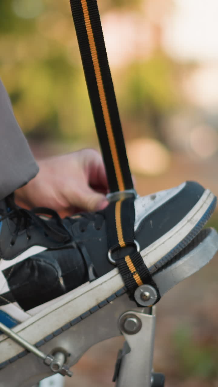 Close-up of person fastening shoes to spring stilts using orange and black straps, wearing gray trousers and long-sleeved shirt outdoors, blurred background, focus on adjustment process