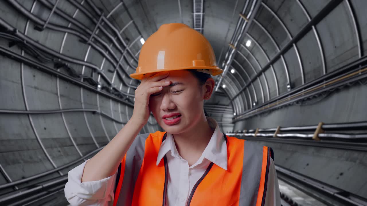 Close Up Of Asian Female Engineer With Safety Helmet Having A Headache While Working In Underground Subway Tunnel