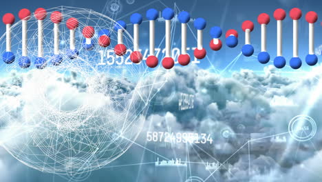 animación de redes de conexiones, cadena de adn y procesamiento de datos sobre nubes y cielo