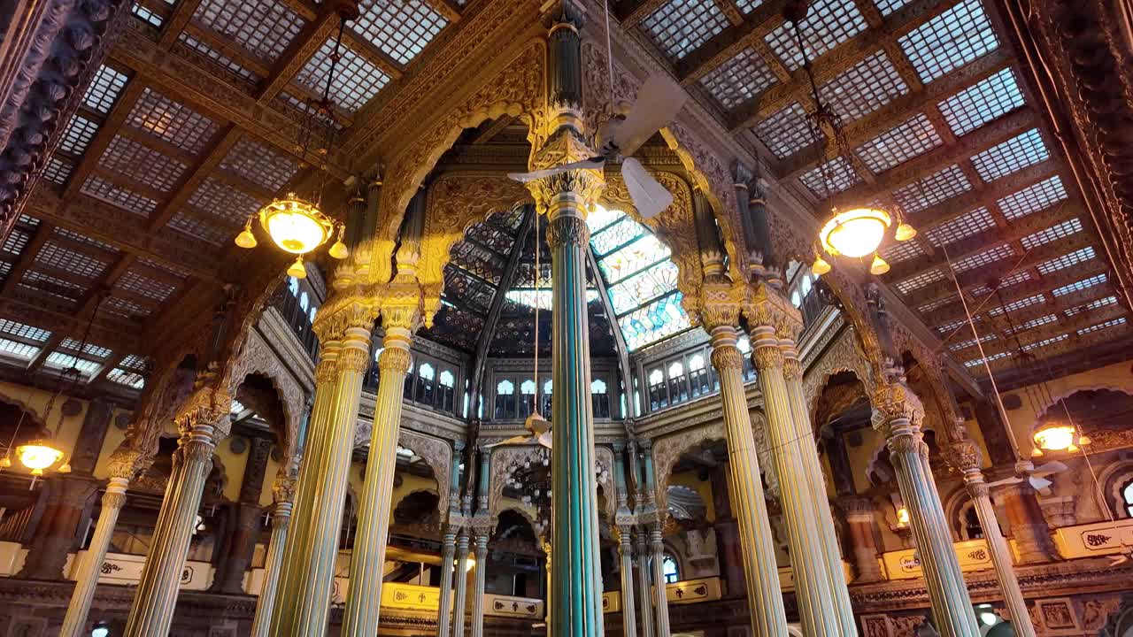 4K video shot of the ceiling of the the hall of Mysore Palace with the decorative columns