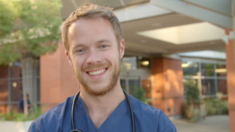 portrait of doctor standing outside hospital shot on r3d