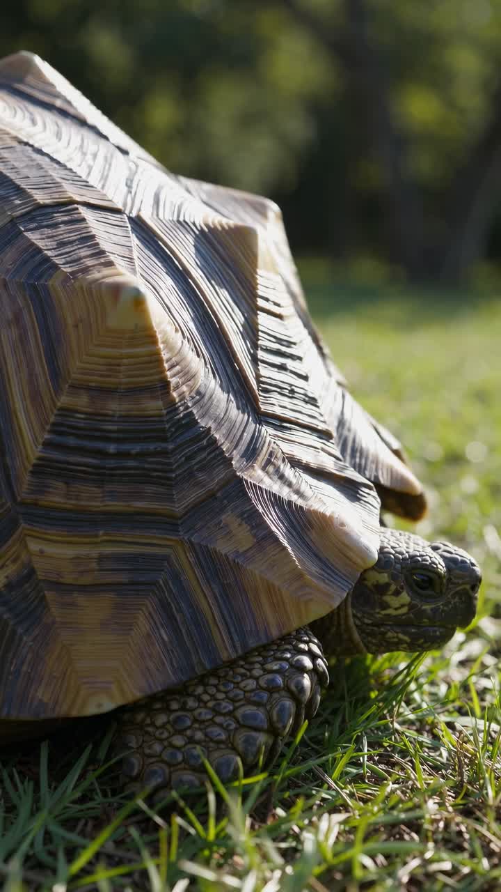 Close-up video of a tortoise in natural light, showcasing its textured shell and detailed features