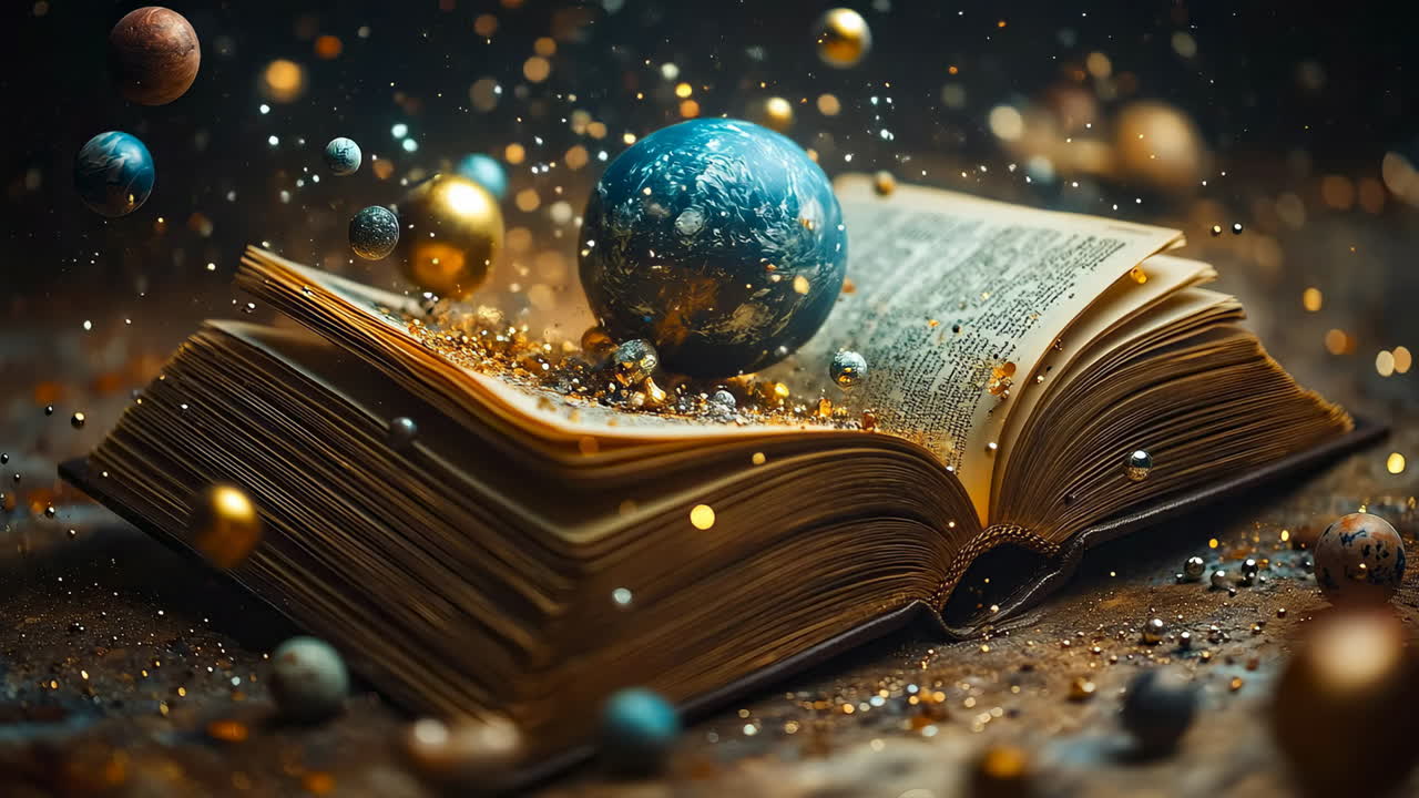 Open book with glowing planet and stars above on dark surface at night