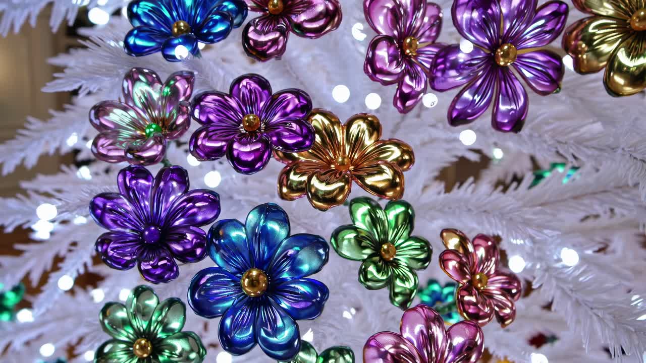 Metallic flower ornaments adorning white Christmas tree, showcasing vibrant colors and festive winter holiday design with elegant, shiny decorative elements