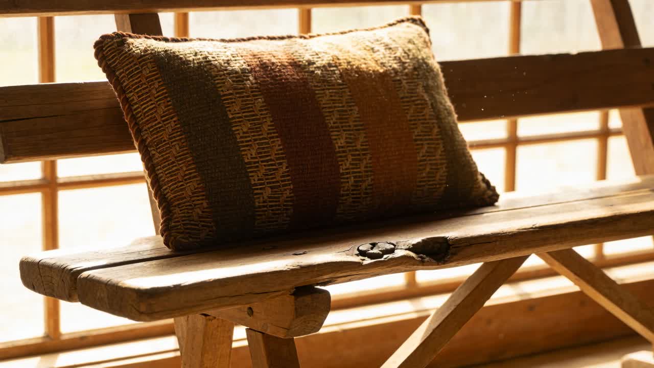 Bangku kayu menerima sinar matahari hangat, dengan bantal anyaman di dekat jendela, dan partikel debu melayang.