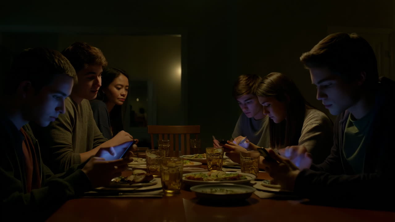 Young people engrossed in smartphones at a dimly lit dinner table