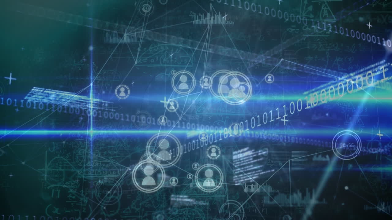 파란색과 검은색 배경에 데이터 처리, 아이콘 및 과학 데이터의 애니메이션