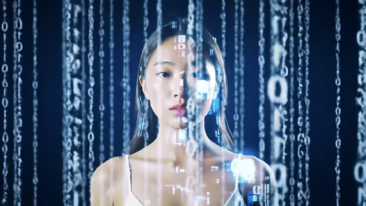 A Digital Portrait of a Young Woman Surrounded by Streams of Binary Code, Exploring the Intersection of Technology and Humanity with a Captivating Glare