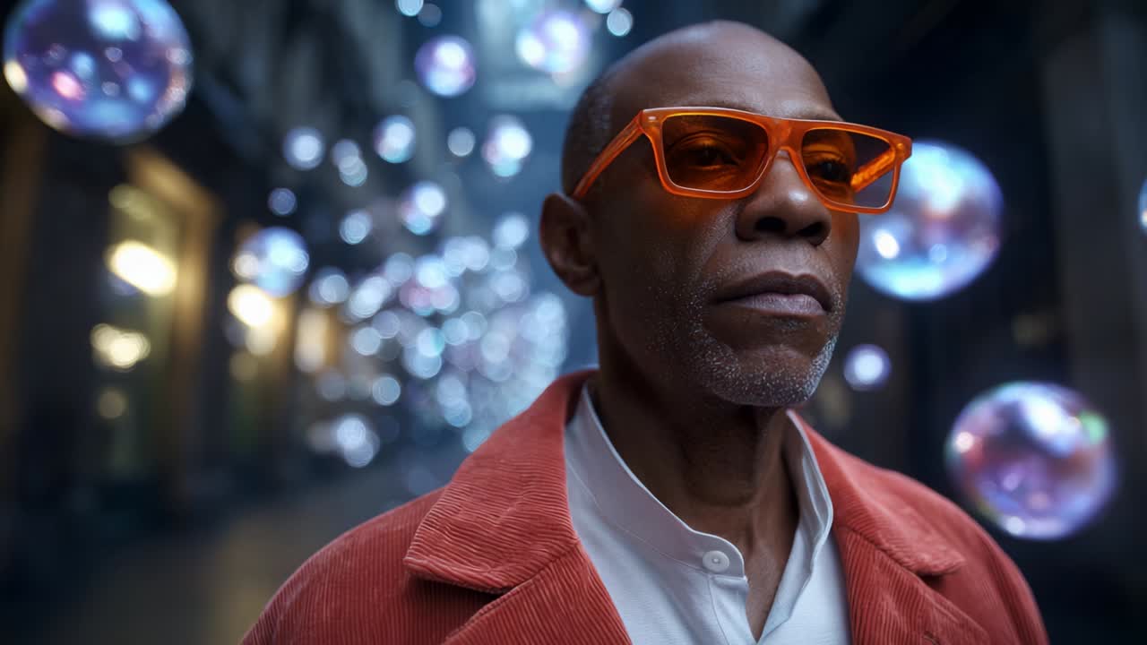 A contemplative individual stands amidst a captivating background of ethereal bubbles floating in the air, showcasing a blend of modern style and surreal ambiance in a city scene filled with intriguing elements