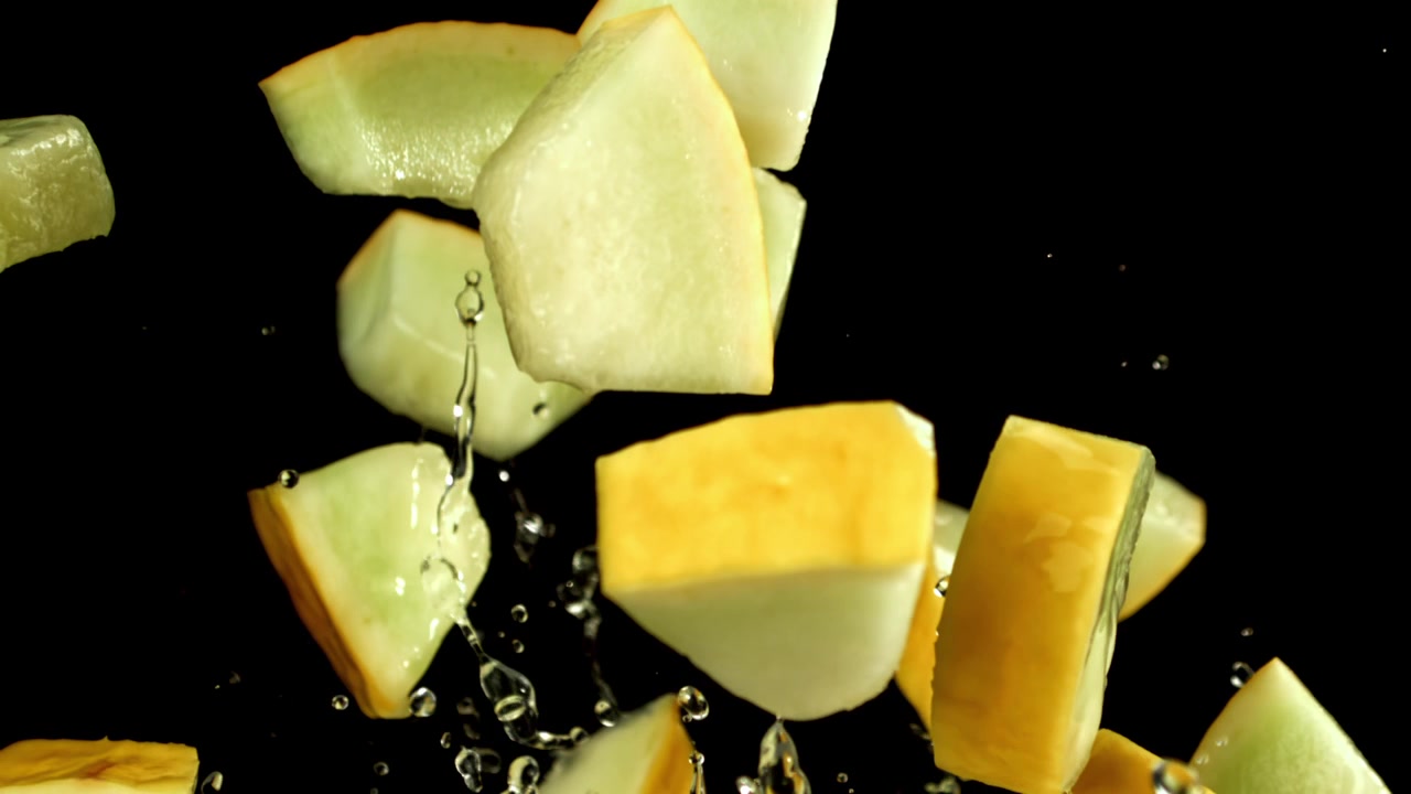 Slow Motion Melon Pieces Falling with Water Splashes on Black Background