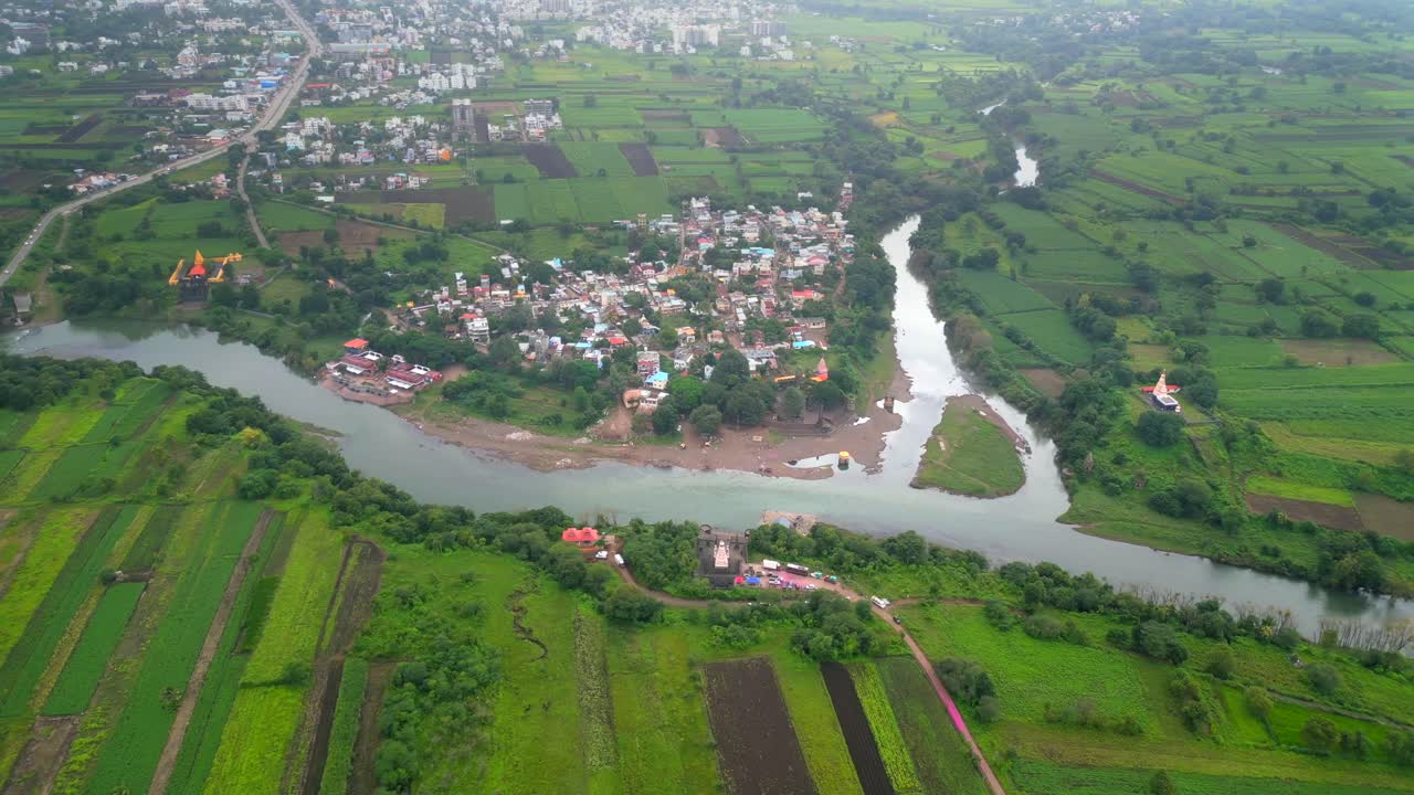 two rivers of Krishna and Jenna rivers meets of stara village its near by beatifull sangam mauli river drone view