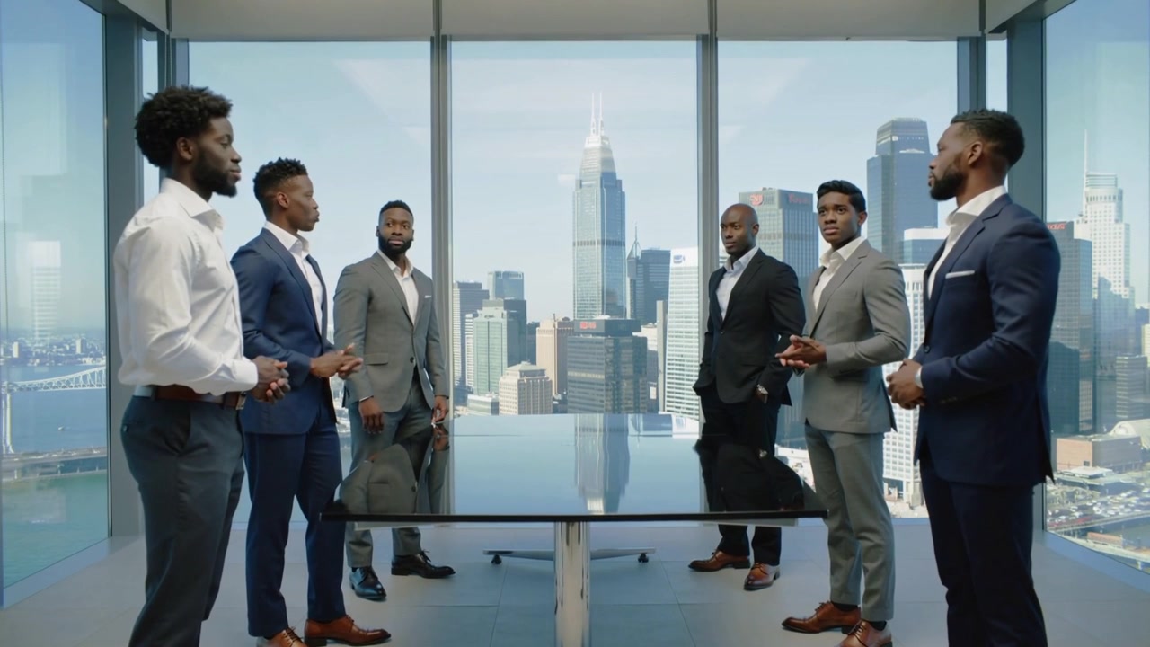 Starting man on right addressing suited team at glass table in office, discussing deal, bag visible