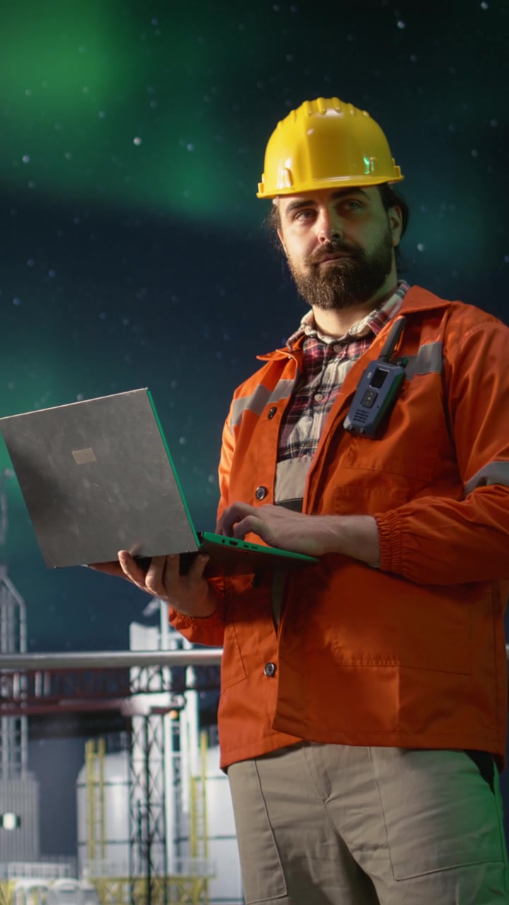 Vertical video Manages resources, oil crisis and portrait of smiling offshore platform engineer