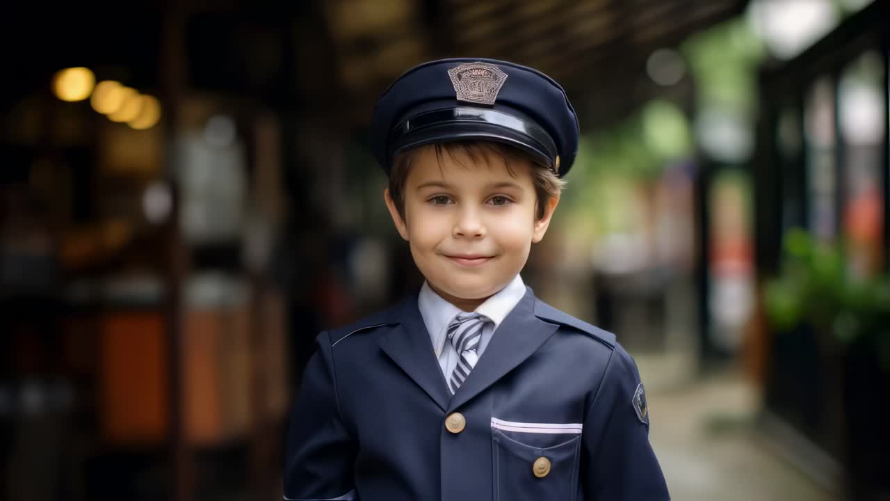 Portrait of a cheerful child dressed as a policeman smiling and posing outdoors in a blurred urban background, embodying dreams of law enforcement and civil service