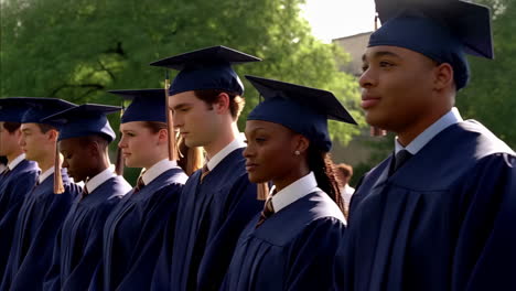 diverse group of graduates in caps and gowns standing in a line