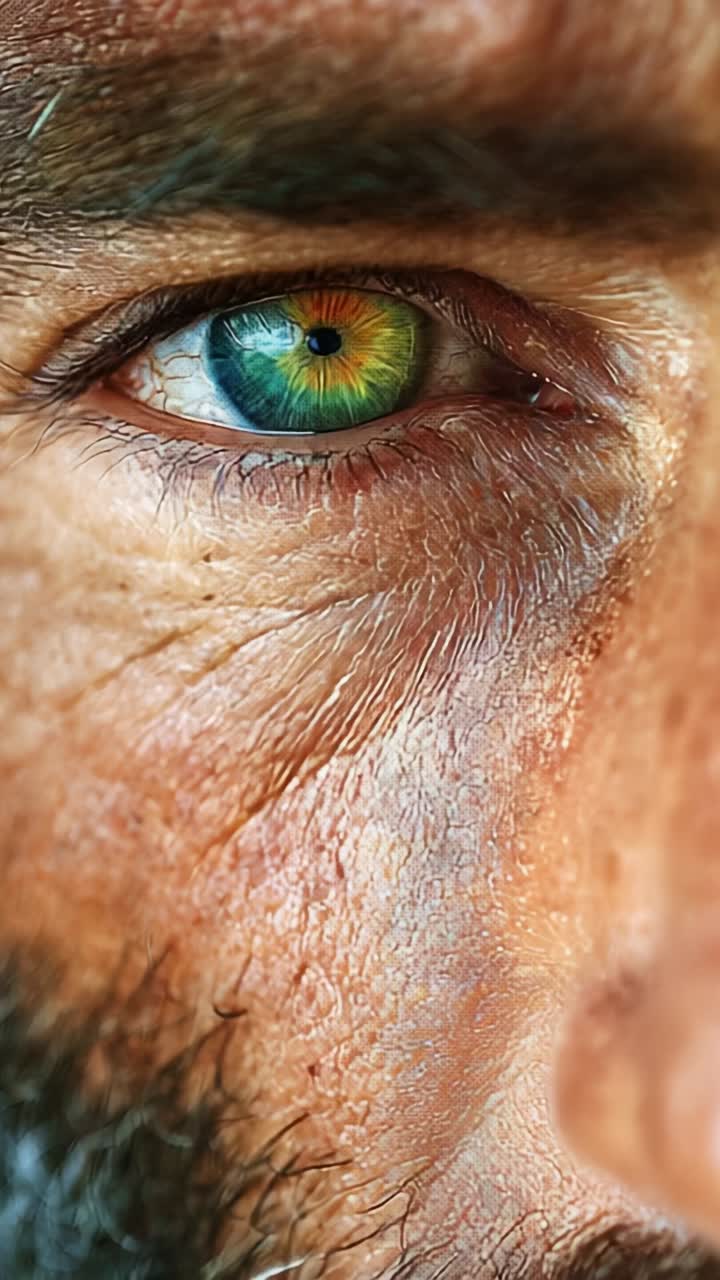 Close-Up of a Captivating Eye with Striking Green and Blue Irises, Highlighting Details of Wrinkles and Skin Texture, Exhibiting Depth and Emotion