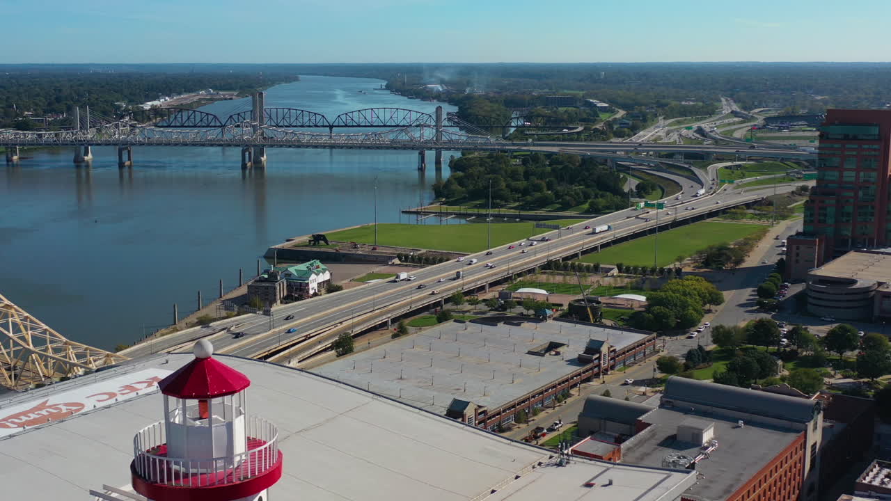 Aerial view over the KFC Yum! Center in front of bridges, in Louisville, USA