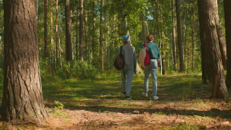 back view of two young women with backpacks walking together through lush forest on bright, sunny day, surrounded by tall trees and vibrant green foliage