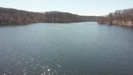 camera tilting up at the lake during a sunny afternoon, clear sky-blue water