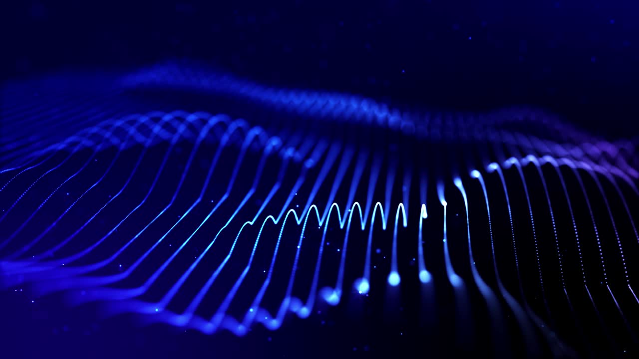 Glow blue particles form lines, surfaces, complex string structures in smooth motion like in microworld or space. 4k looped sci-fi particle background with bokeh and light effects.