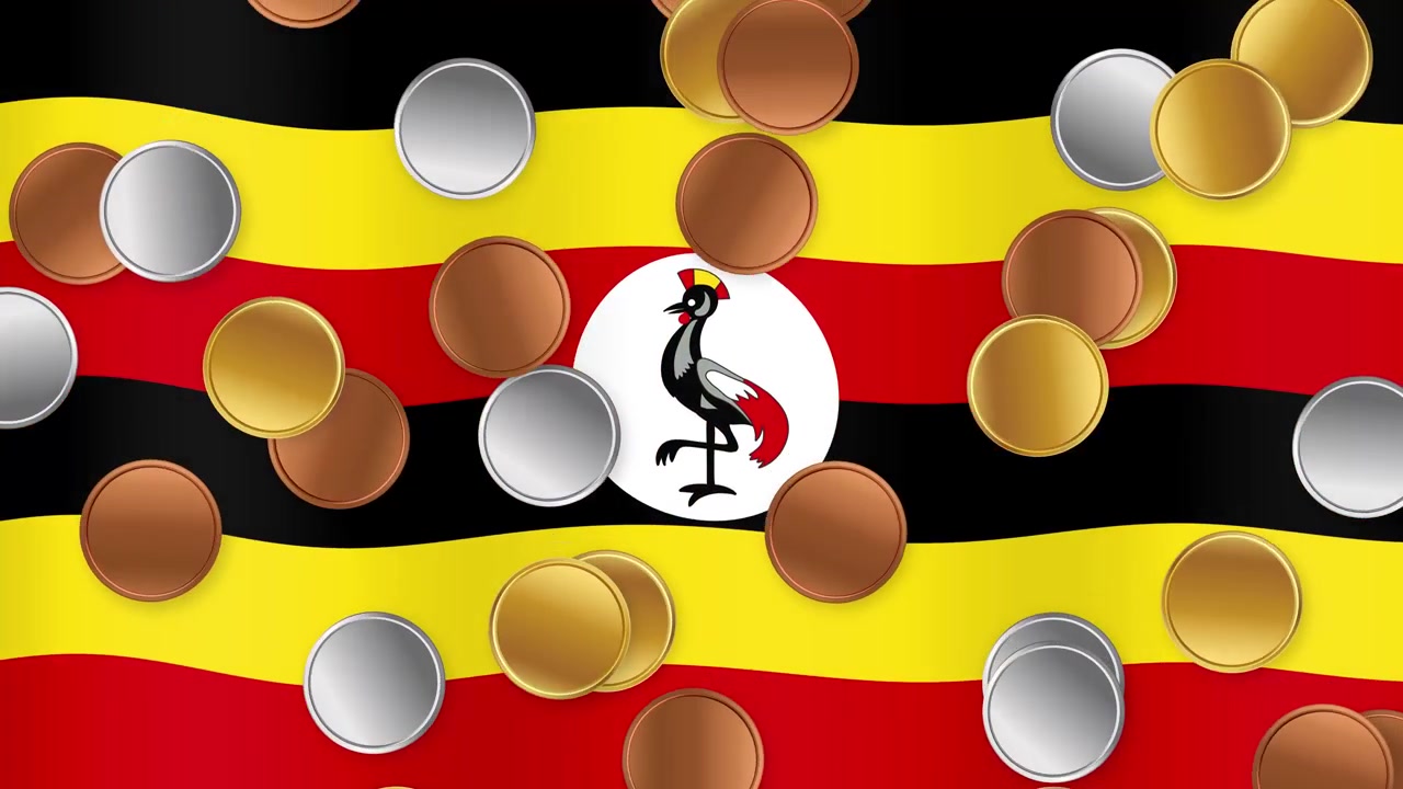 Moedas de ouro, prata e bronze caem continuamente sobre um fundo de bandeira de Uganda tremulando.