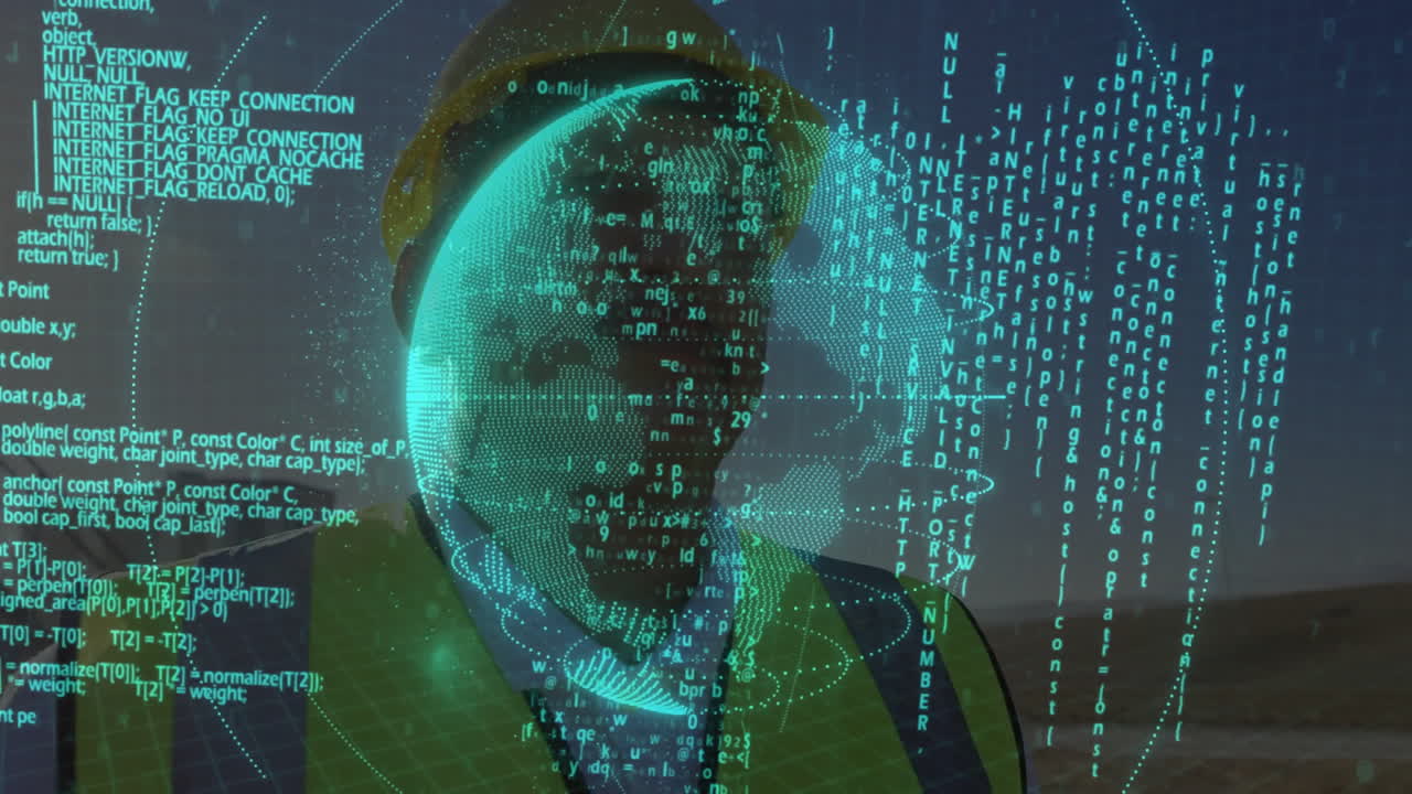 male worker standing urban construction site, displaying tech holographic globe with green code
