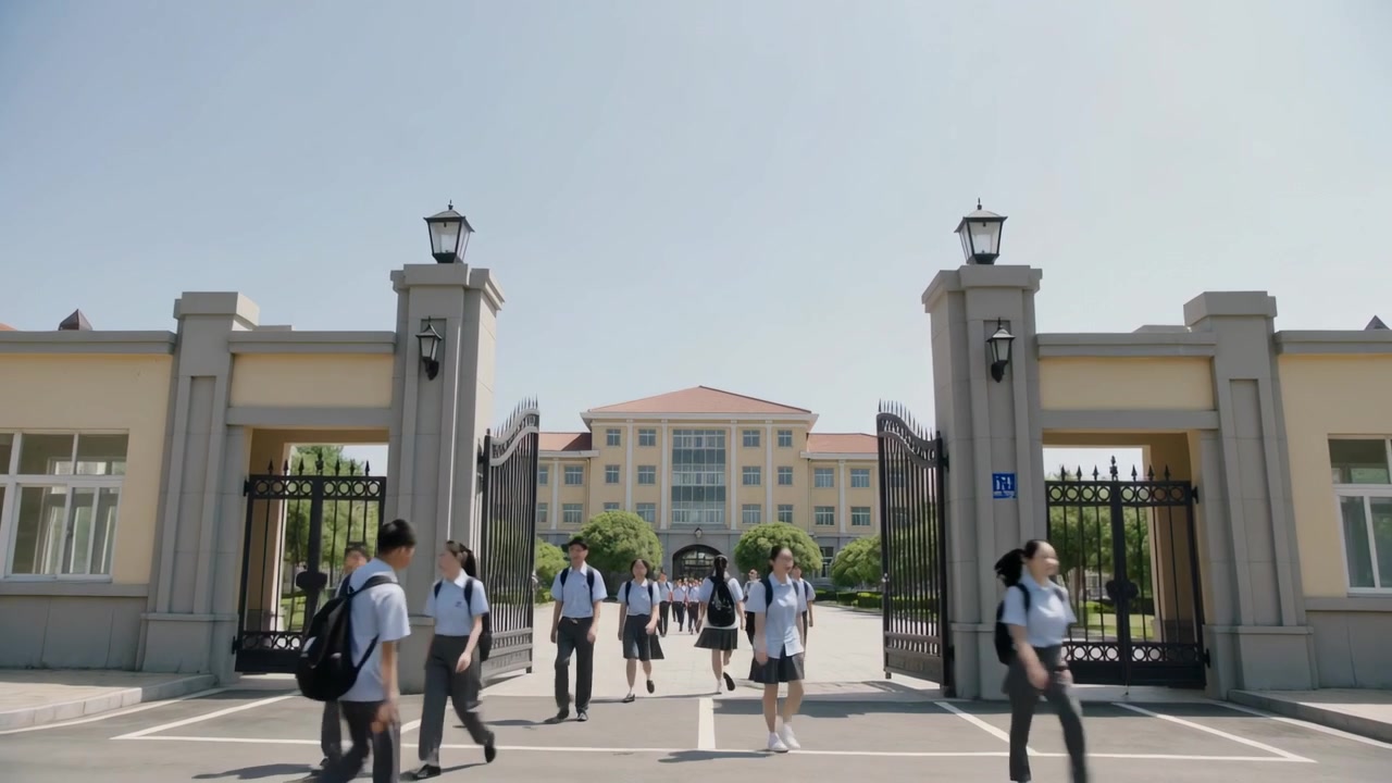 Ders zili çalınca okul kapısından çıkan üniformalı öğrenciler, sırt çantalarıyla yolu geçiyor.