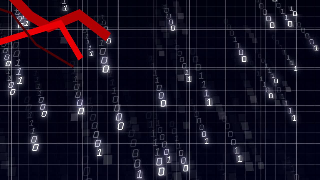 Binary digits cascading down grid starting red line graph dipping then rising, visualizing trend