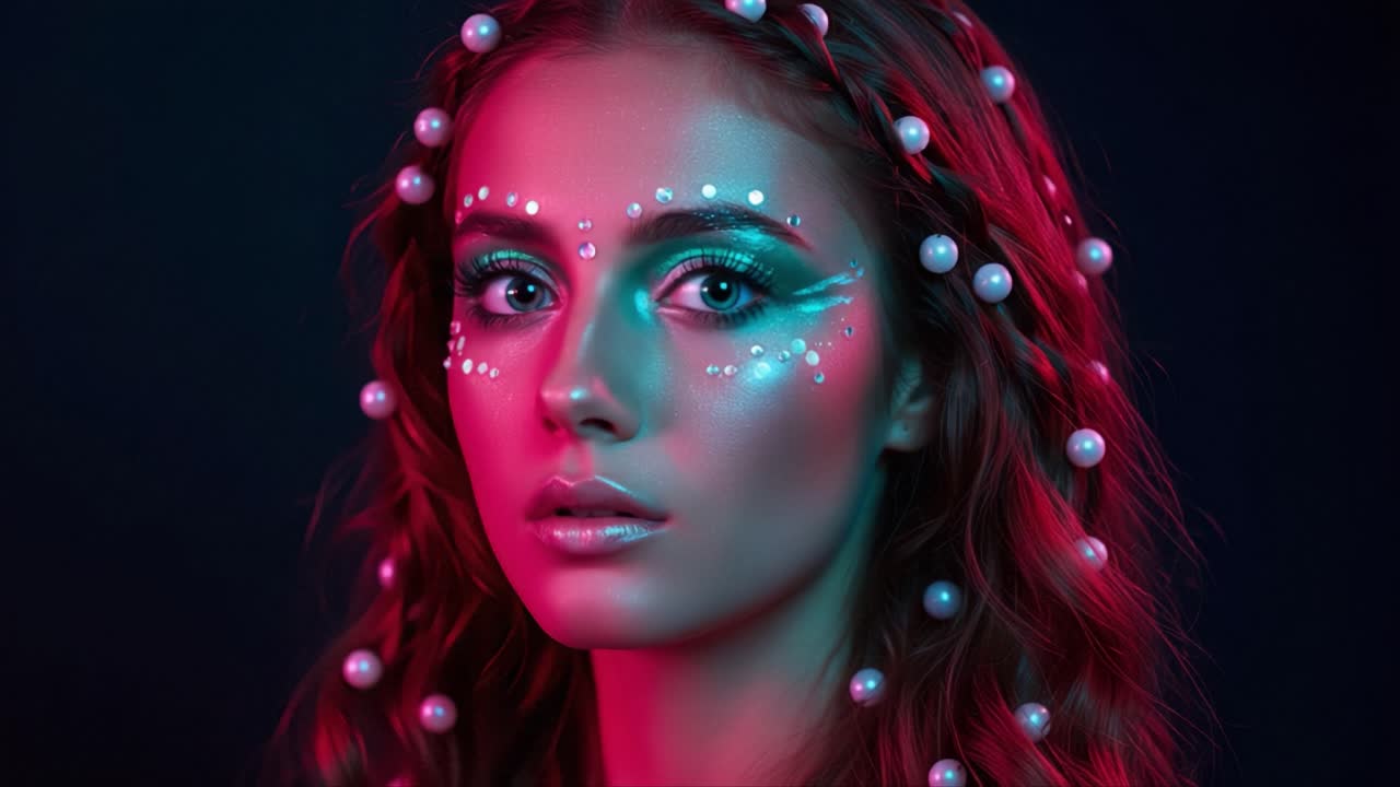 A Radiant Portrait of a Model Showcasing Striking Makeup and Artistic Pearls, Illuminated by Vibrant Colors in a Studio Setting