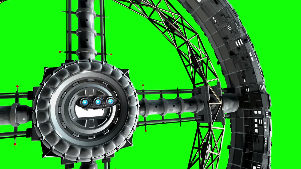 그린 스크린: 우주선이 거대한 우주 토루스의 문으로 날아가고 엔진 조명과 함께 박거립니다.