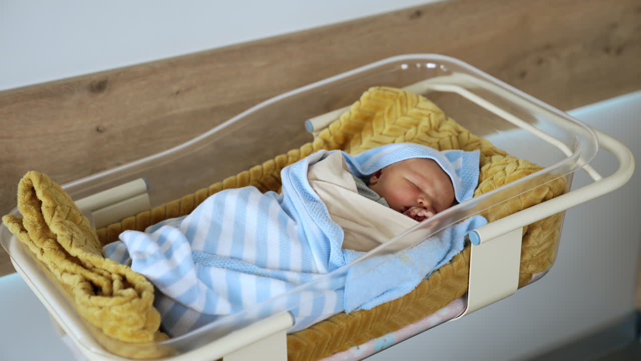 Little newborn lies in a transparent hospital crib covered in blankets. Baby sleeps holding his fist at the mouth. High angle view.