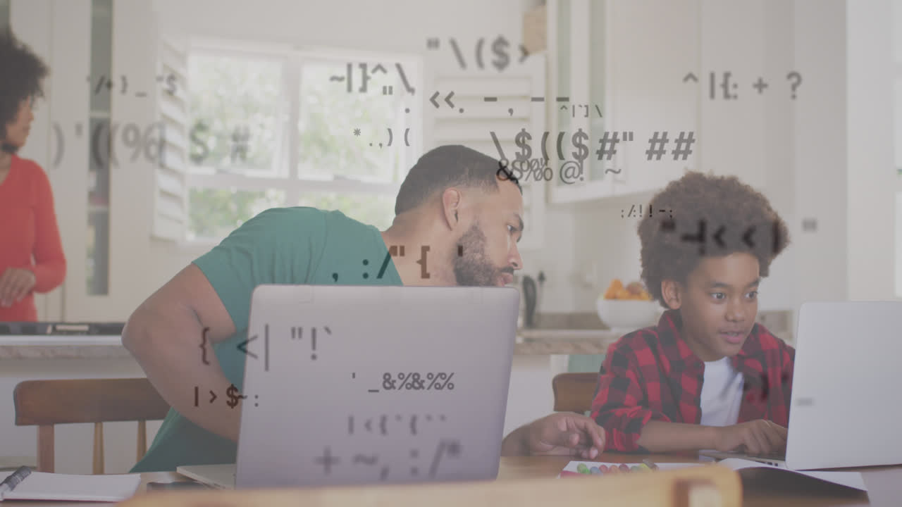 Animation of data processing over man and son using laptops