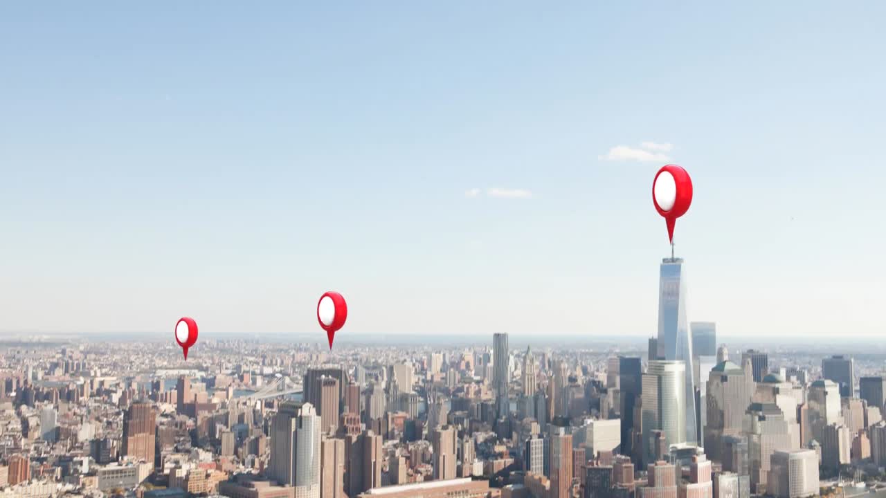 alfileres de ubicación y paisaje urbano