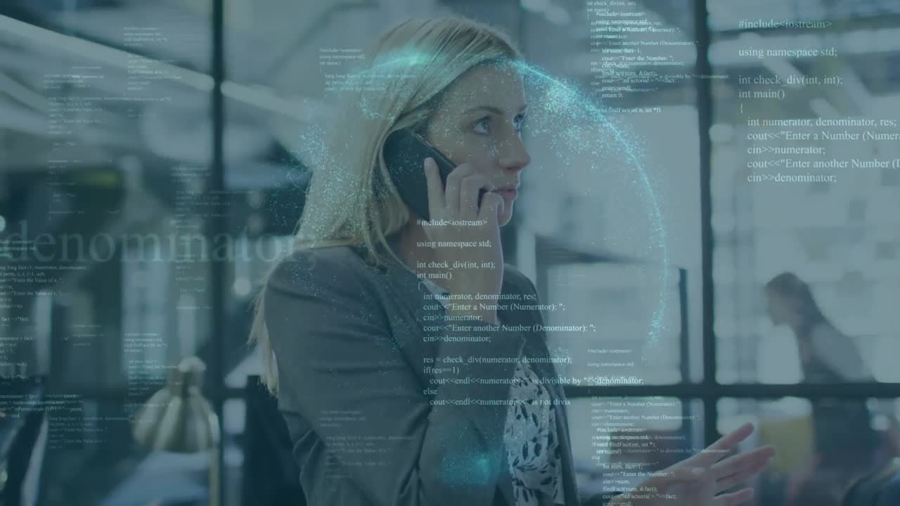Animation of data processing and globe over caucasian businesswoman talking on smartphone