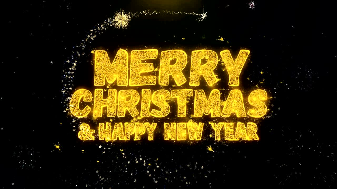 메리 크리스마스 및 새해 금 반이는 입자 스파크 폭발 불꽃놀이 디스플레이 4k 축하 카드, 축하, 파티 초대, 선물, 이벤트, 메시지, 휴가, 축제 소원.
