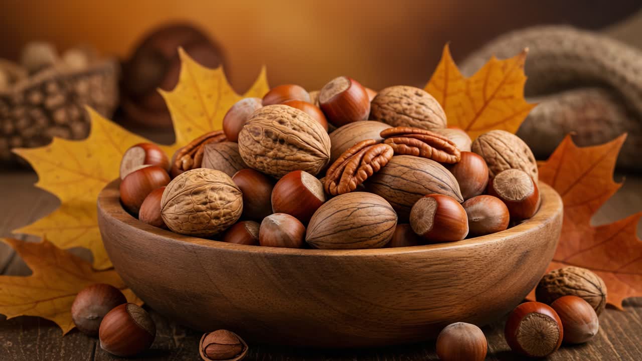 A rustic bowl filled with a variety of autumn nuts and fall leaves