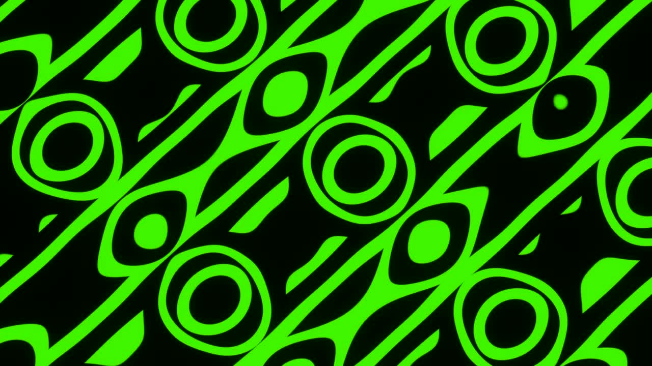 patrón animado de color con círculos y anillos fluyentes. diseño. hermoso patrón con líneas y anillos que fluyen en fondo oscuro. patrón de dibujos animados con líneas y círculos